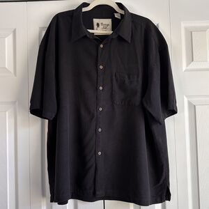 Vintage Silk Hawaiian Shirt Black Palm Jacquard Button Front XXL Short Sleeve